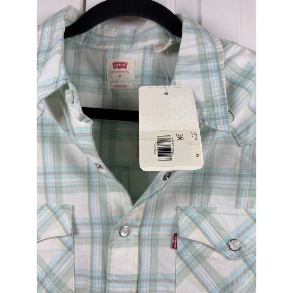 Levis Western Standard Fit Pearl Snap Shirt Mens Medium Green White Plaid NWT